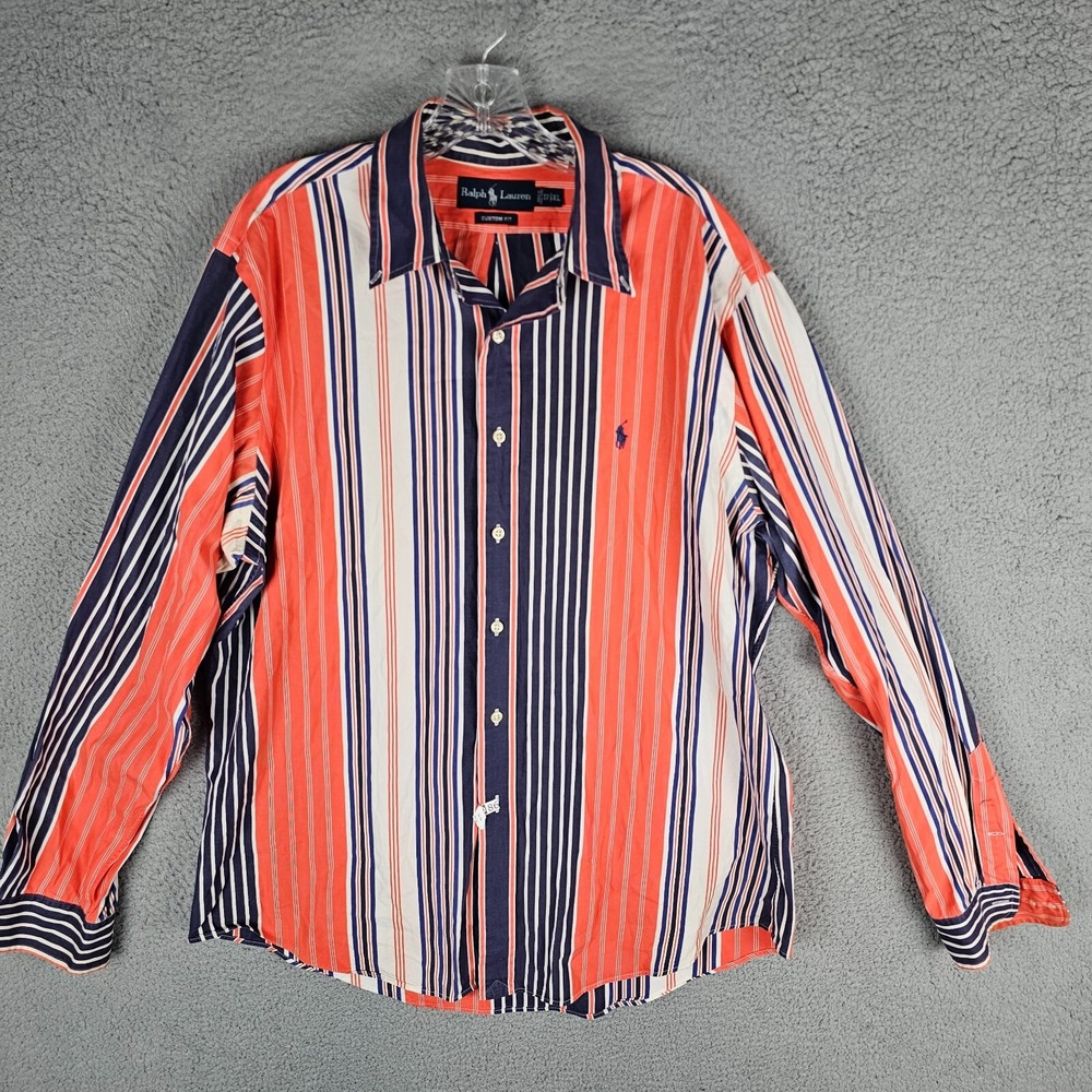 Ralph Lauren Shirt Men XL 17 Custom Fit Striped Button Up Dress Poplin Custom